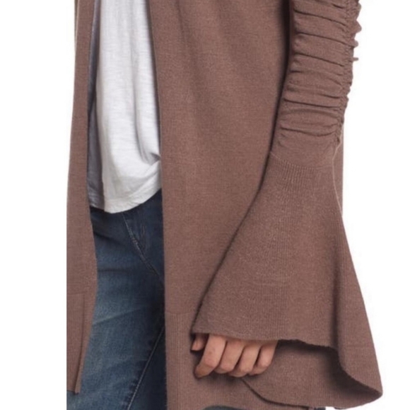 Hinge Bell Sleeve Brown Cardigan Ruched Bohemian Nordstrom Size Medium Sweater - Picture 5 of 11
